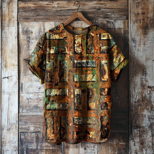 Women's Vintage Rust Art Print Linen Blend T-shirt artswardrobe