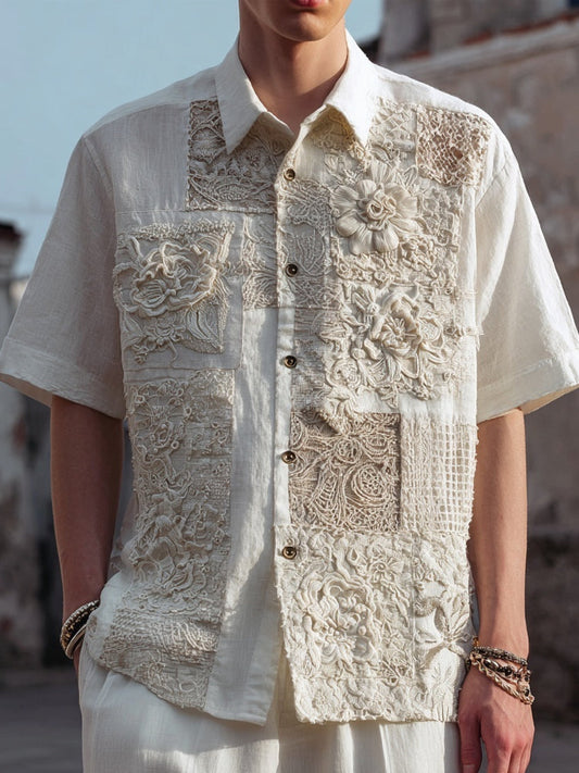 Men's Floral Lace Embroidered Vintage Patchwork Linen Shirt artswardrobe