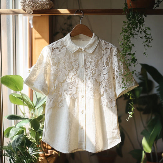 Comstylish Women's Retro Floral Lace Embroidery Art Shirt