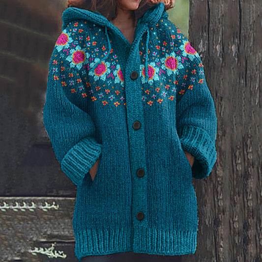 Vintage Tribal Floral Icelandic Knit Pattern Cozy Cardigan Sweater elevenforest