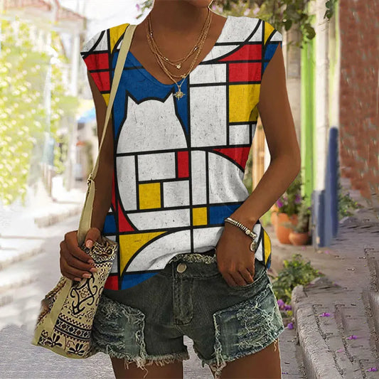 Comstylish Abstract Creative Colorblock Geometric Abstract Cat Painting Art Sleeveless V-Neck Tank Top