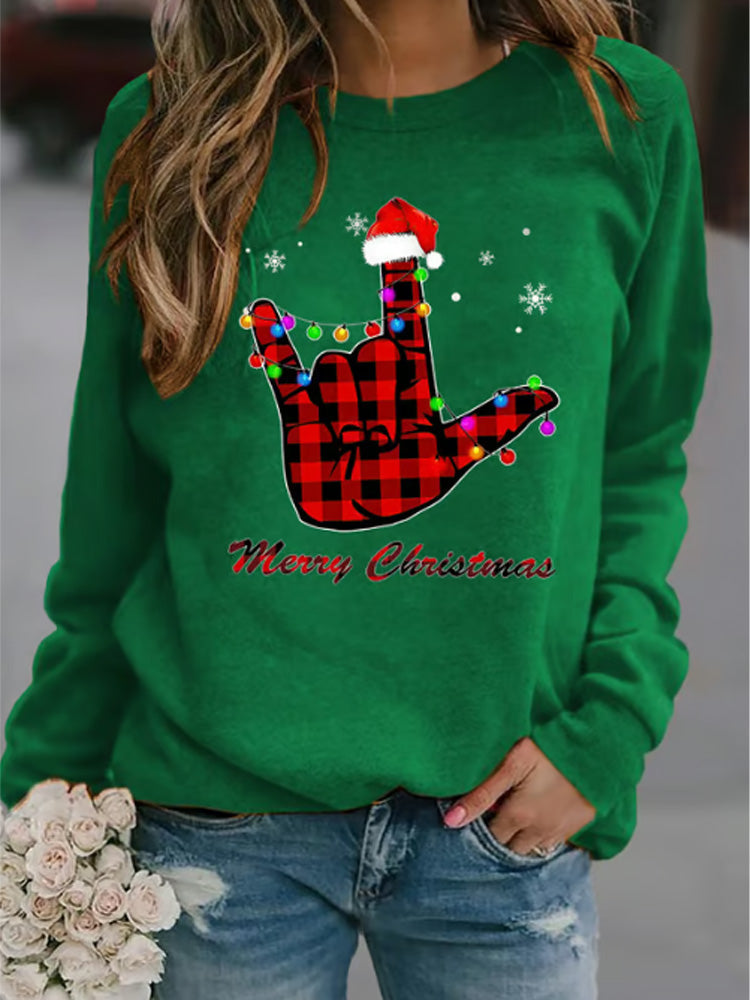 Comstylish Retro Merry Christmas Sign Language Asl Santa Hat Ily Sign Print Sweatshirt