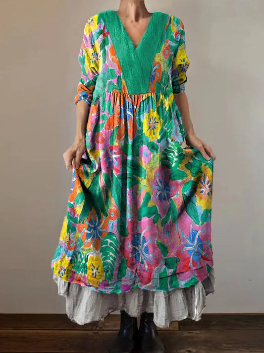 Women's Watercolor Floral Art Pattern Print V-Neck Pocket Cotton Dress