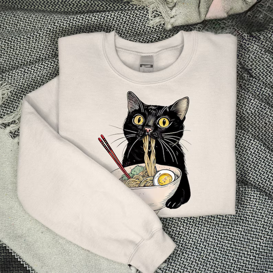 Vintage Black Noodle Cat Pattern Print Ladies Sweatshirt elevenforest