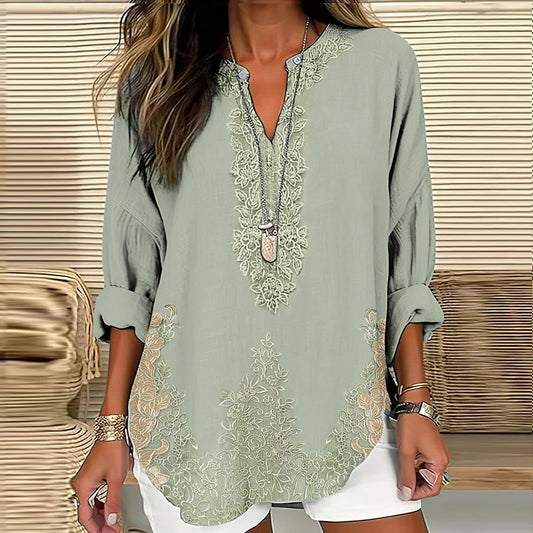 Comstylish Women's Retro Floral Art Linen Print Casual Shirt