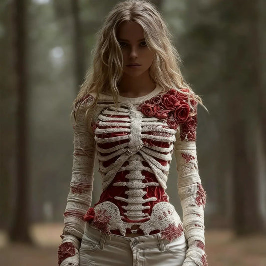 Women's Red Rose Skeleton Art Cozy Knit Pullover Sweater artswardrobe
