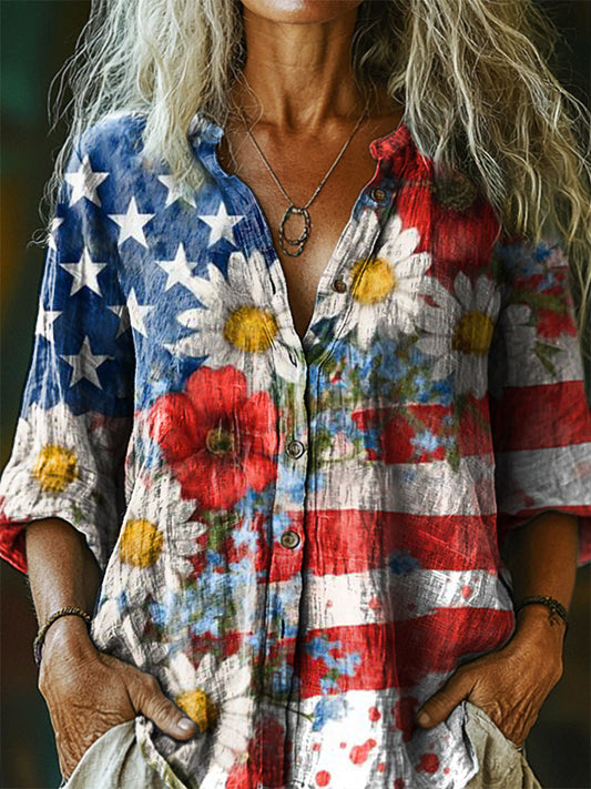 Women's Vintage American Flag Floral Art Print Casual Cotton Linen Shi