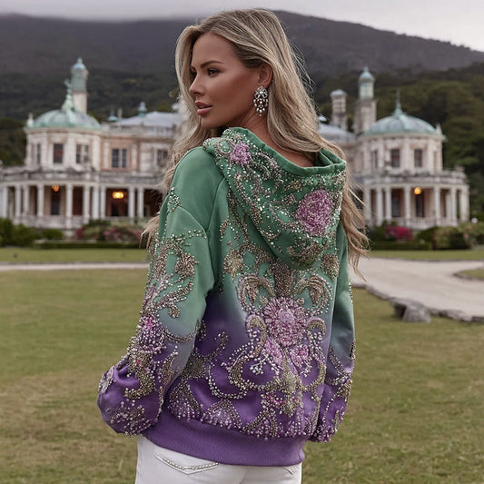 Comstylish Women's Retro Purple Rose Art Pattern Casual Hoodie