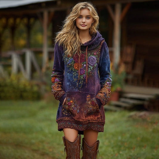 Women's Vintage Lavender And Floral Embroidered Art Gradient Comfort Hooded Dress artswardrobe