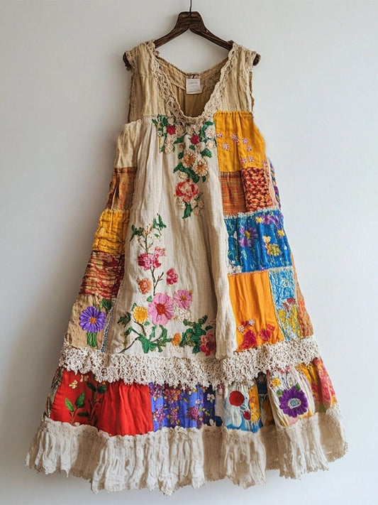 Floral Embroidered Lace Patchwork Linen Blend Dress artswardrobe