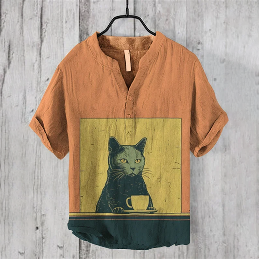 Black Cat Coffee Poster Art Print Half Button Linen Blend Shirt elevenforest