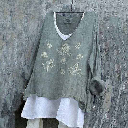Comstylish Women's Flower & Bird Embroidery Art Linen V-neck Shirt