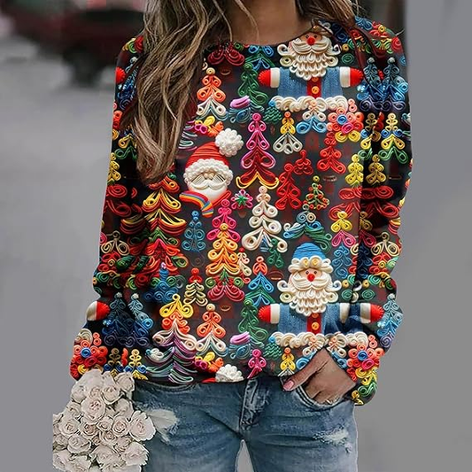 Comstylish Women's Santa Claus Xmas Tree Snowman Art Printed Casual Sweatshirt