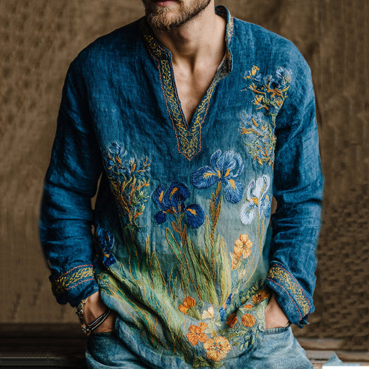 Men's Oil Painting Irises And Sunflower Embroidery Linen Shirt artswardrobe