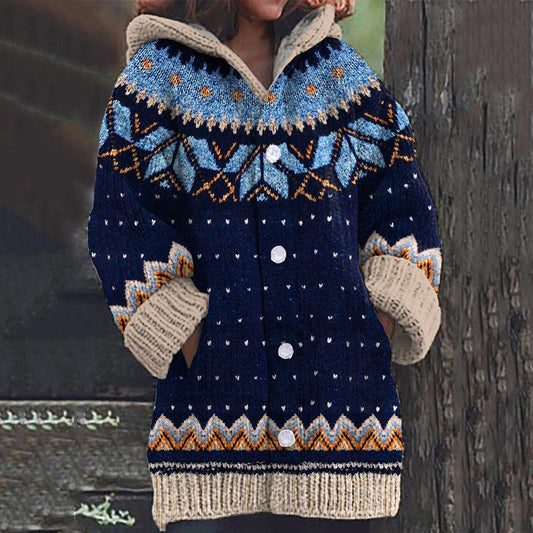 Vintage Icelandic Ethnic Print Long Sleeve Knitted Hooded Cardigan elevenforest