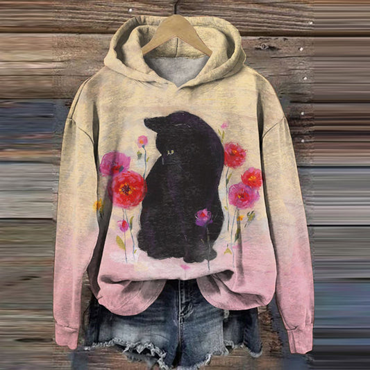 Comstylish Women's Black Cat Floral Art Print Casual Sweatshirt