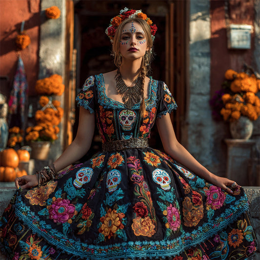 Comstylish Day Of The Dead Sugar Skulls Floral Embroidered Wide Skirted Linen Dress