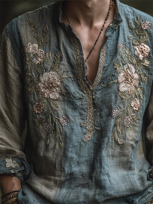 Men's Vintage Floral Embroidered Contrast Linen Shirt artswardrobe