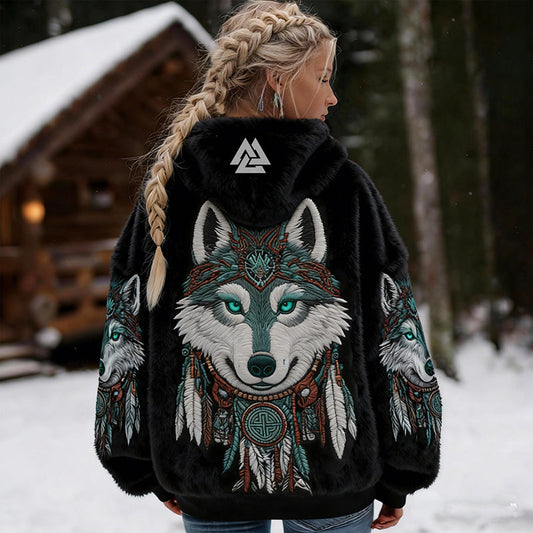 Comstylish Women's Retro Viking Tribal Wolf Art Pattern Flannel Hoodie