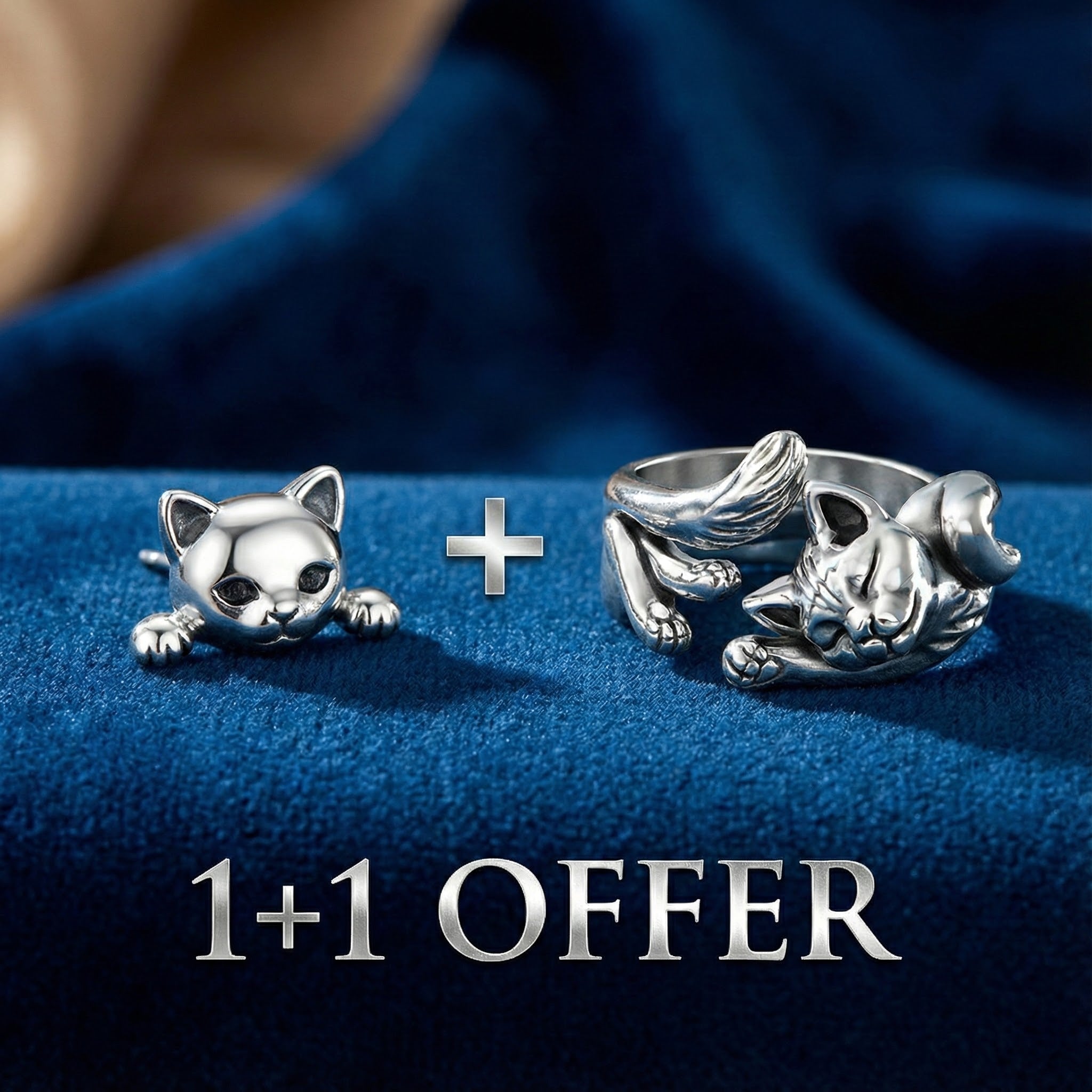 1+1 Offer: Silver Cat Earrings + Silver Cat Ring