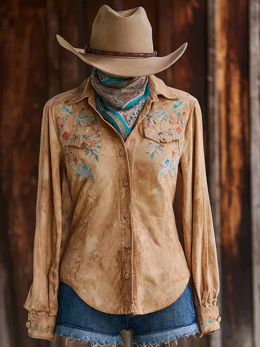 Comstylish Women's Vintage Western Horse Design Cotton And Linen Blend Shirt