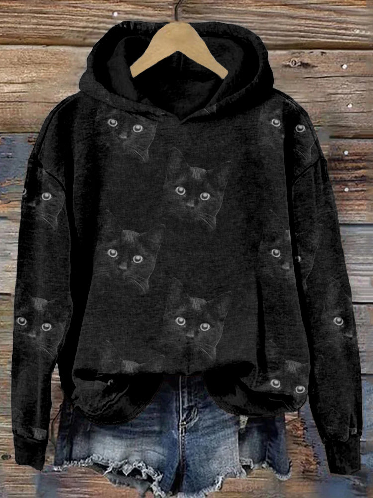 Cute Cat Face Pattern Washed Cozy Hoodie elevenforest