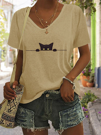 Women's Casual Black Cat Print T-shirt elevenforest