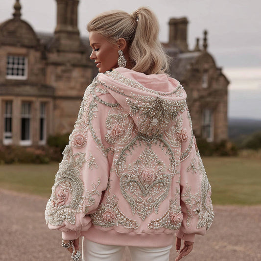 Women's Vintage Rose Embroidery Art Long Sleeve Hoodie