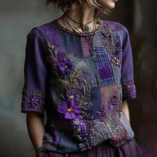 Women's Embroidered Pansy Floral Patchwork Check Short Sleeve T-shirt artswardrobe