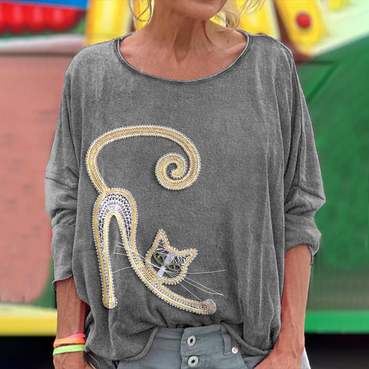 Vintage Fun Lace Cat Art Crew Neck Comfort Top elevenforest