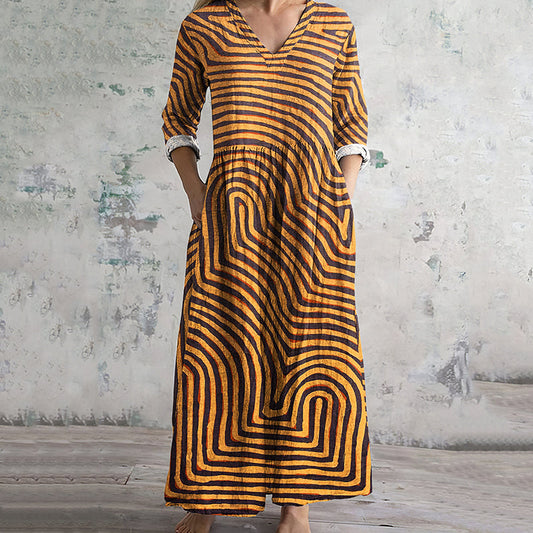 Women's Vintage Stripe Print V-neck Dress artswardrobe