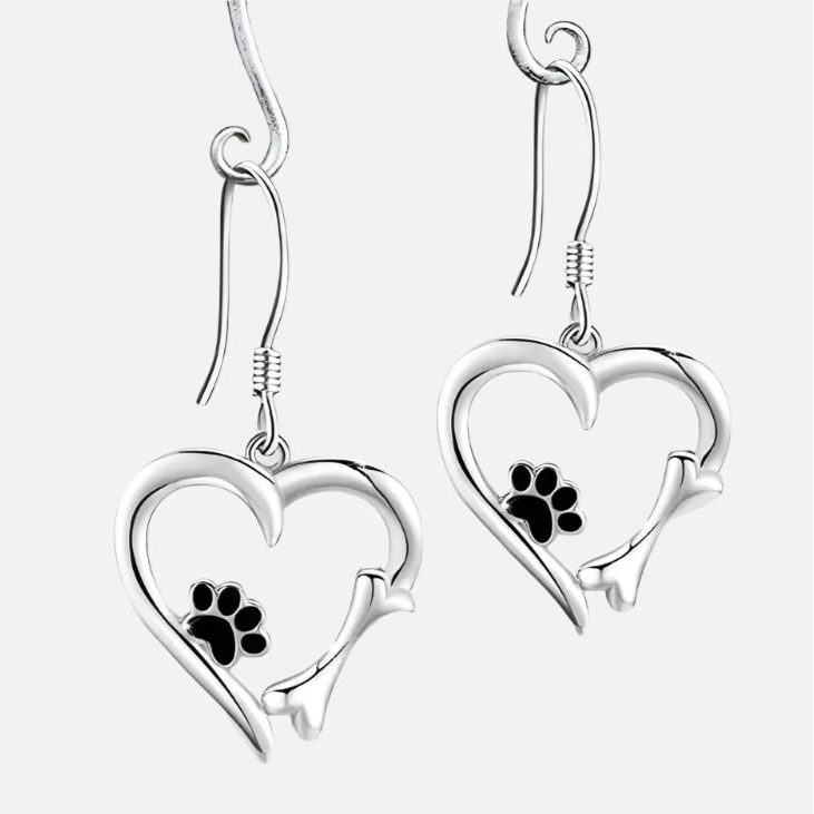 Silver Drop Earrings With Heart & Paw Design