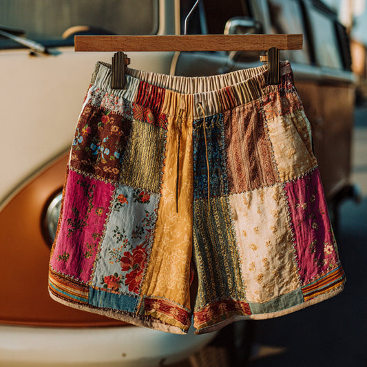 Countryside Style Collection Classy Patchwork Floral Pattern Art Linen Shorts artswardrobe
