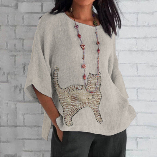 Women's Cat Patch Sashiko Embroidery Art  Loose Crew Neck Tops artswardrobe