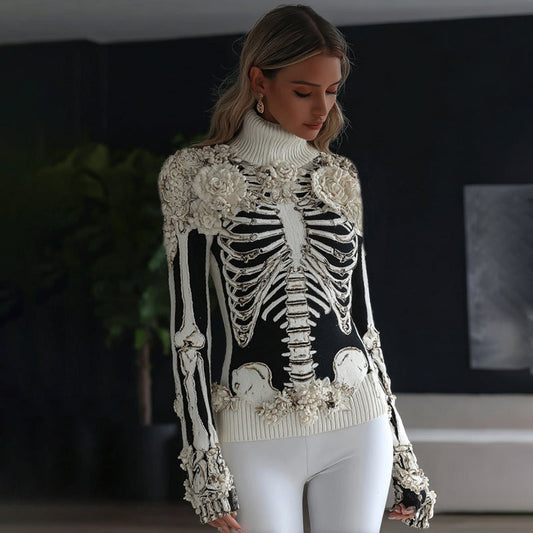 Women's Skeleton Flower Art Cozy Turtleneck Sweater artswardrobe