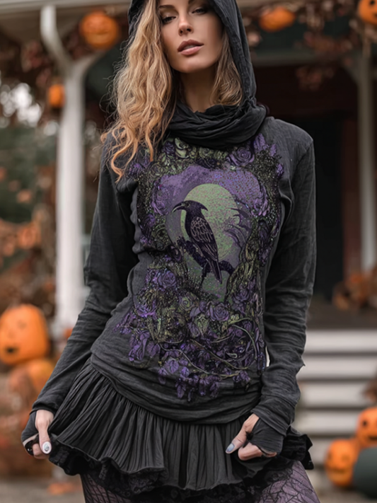 Comstylish Women's Halloween Dark Crow Hooded Sweatshirt