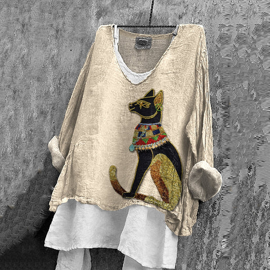 Comstylish Women's Vintage Ancient Egyptian Cat Embroidered Linen Flowy Shirt