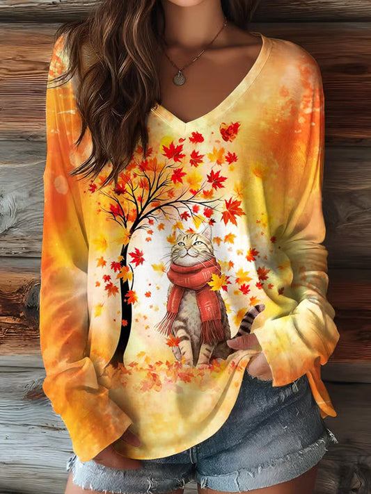 Comstylish Women's Casual Autumn Leaves Cat Print Long Sleeve T-shirt