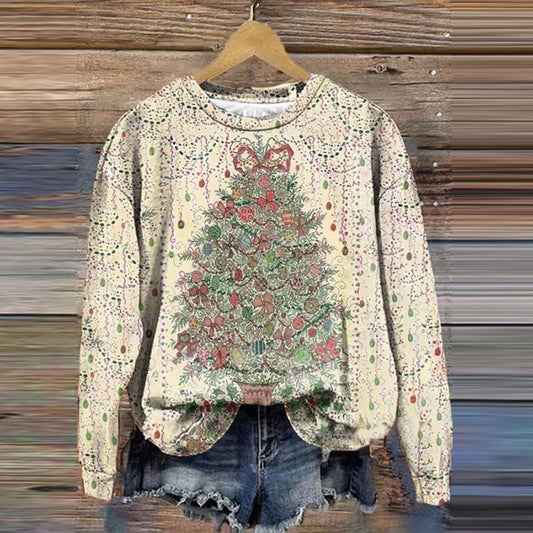 Comstylish Vintage Christmas Tree Print Crew Neck Sweatshirt