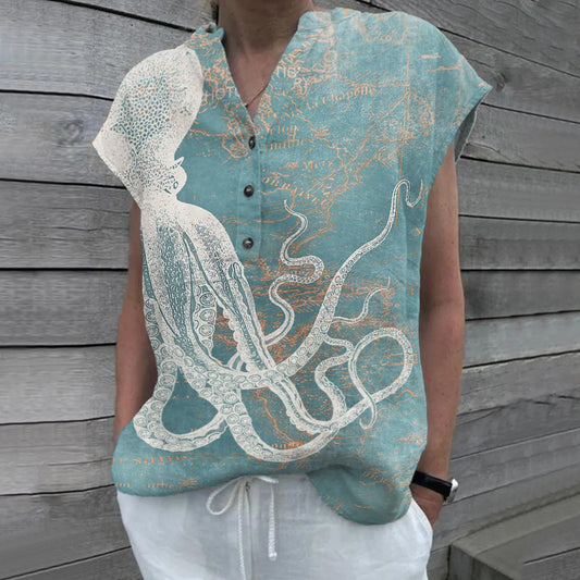 Comstylish Vintage Maps Octopus Art Painting V-Neck Half-Button Linen Shirt