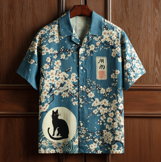 Japanese Art Style Cat And Cherry Blossom Elements Men's Short Sleeve Shirt elevenforest