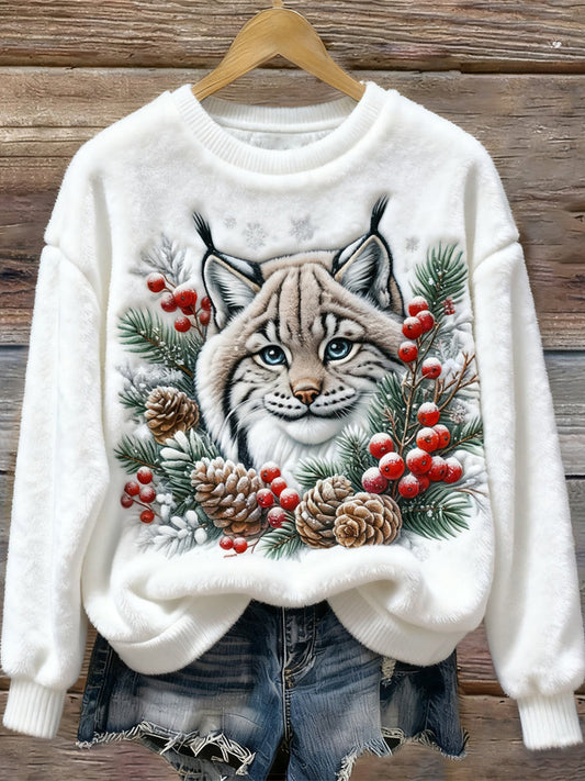 Comstylish Christmas Lynx Animal Pattern Women's Flannel Sweatshirt