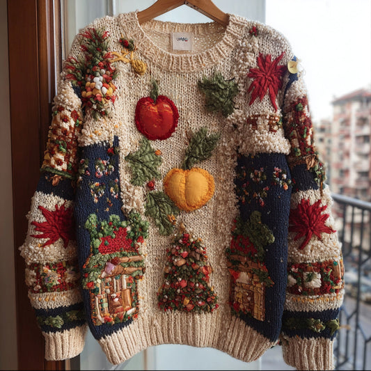 Comstylish Thanksgiving Plant Flower Splicing Atmosphere Round Neck Sweater