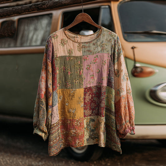 Countryside Style Collection Classy Patchwork Floral Pattern Art Linen Long Sleeve Tshirt artswardrobe