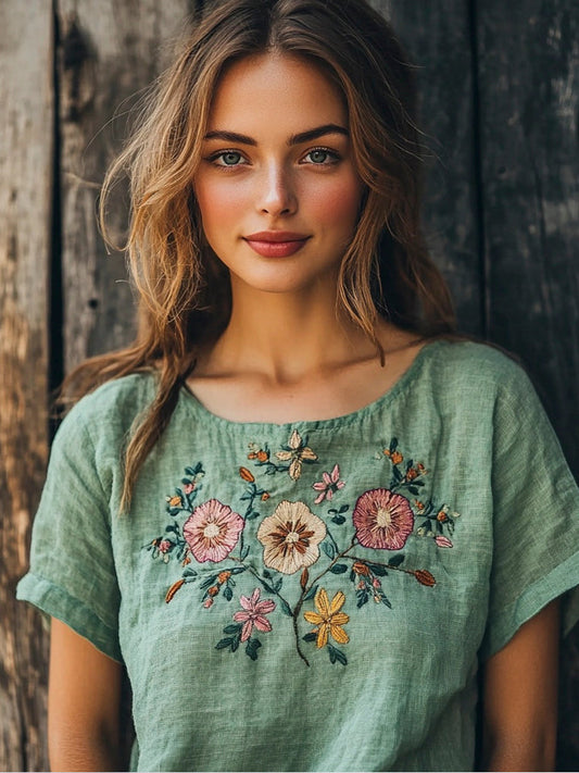 Boho Ethnic Floral Embroidery Women's Linen T-shirt artswardrobe