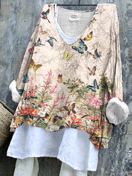 Comstylish Ethnic Floral&Butterfly Pattern Women's Casual Linen Blend Shirt