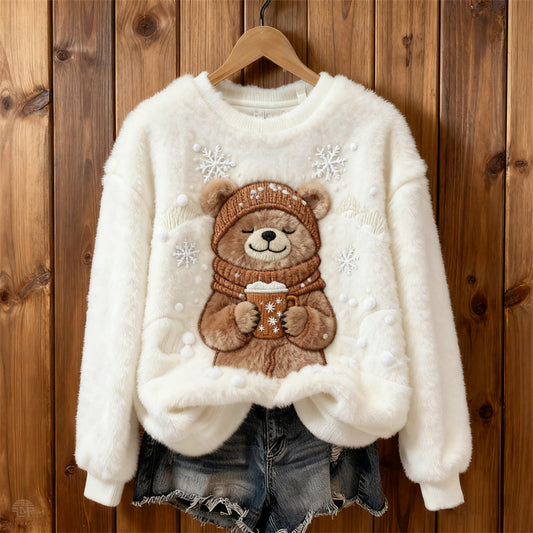 Comstylish Cozy Bear With Hot Drink Snowflakes Embroidered Plush Sweatshirt