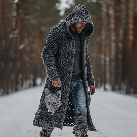 Men's Viking Style Celtic Knot Wolf Head Mid-length Cardigan artswardrobe