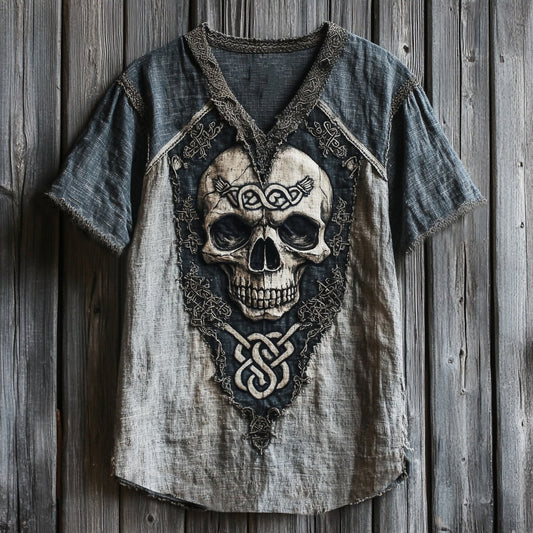 Men's Viking Celtic Skull Applique Embroidery Art Linen T-shirt artswardrobe