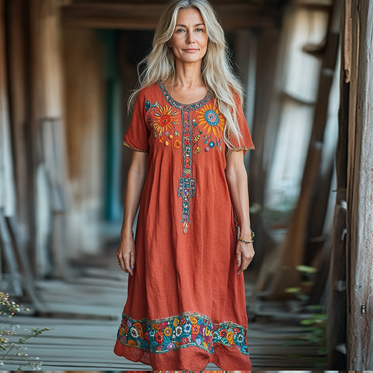 Vintage Bohemian Floral Embroidery Short Sleeve Loose Midi Dress artswardrobe